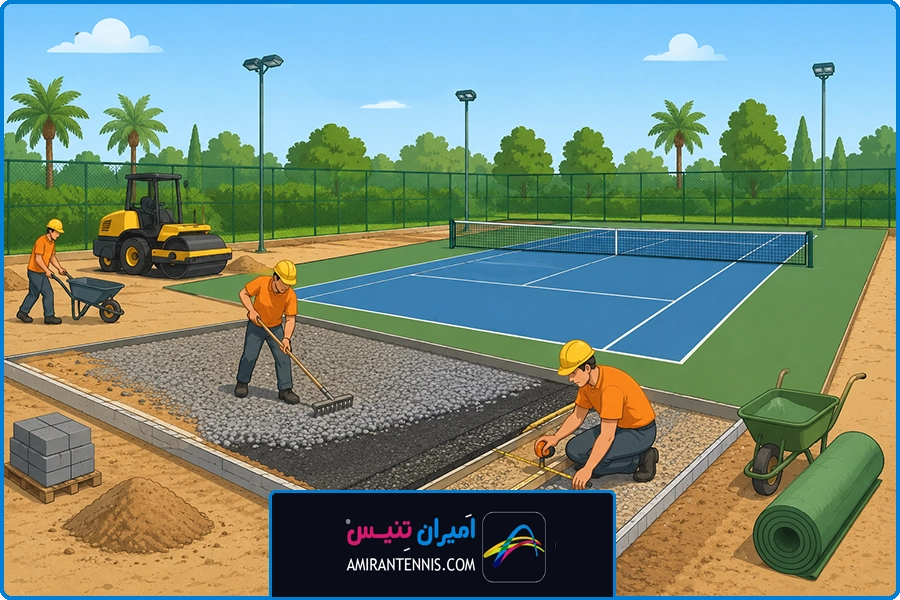 ساخت زمین تنیس در خوزستان | هزینه زیرسازی و اجرای استانداردهای فنی